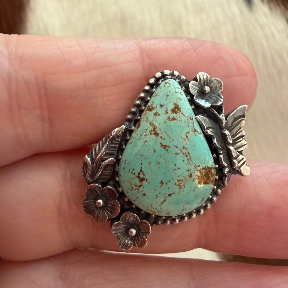 ❤️ Kingman Turquoise Statement Decorative Butterfly Floral Sterling Sz 8.75 Ring - Picture 6 of 15